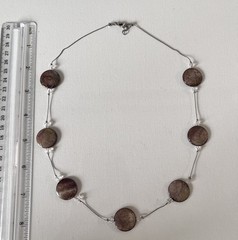 Silver Tone Necklace W Oval & Diam Shape Glass Beads 22” Brown Shifting Colors