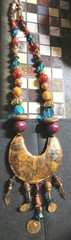 Signed SURLES Vintage Modernist Brass Bib Necklace Colorful Art Glass Beaded