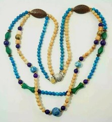 VTG 30″ Bohemian Artisan NECKLACE Stone & Glass Beaded Double-Strand 1980s