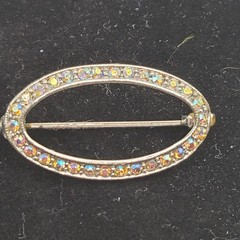 Brooch silvertone oval with AB stones. Vintage
