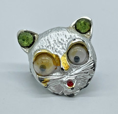 VTG MCM Google Eyes Rhinestone Silver-tone Funny Cartoon Cat Face pin