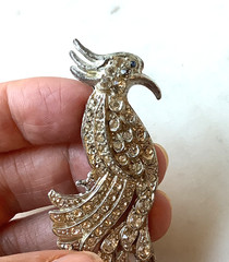 Vintage Bird Brooch Pot Metal Silver Tone Rhinestone Pin 3″