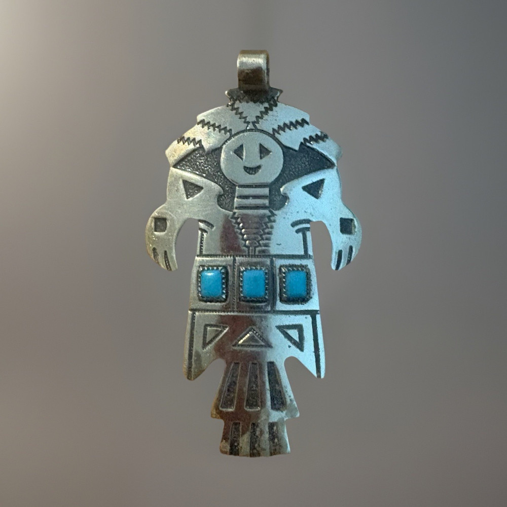 Bell Signed Thunderbird Pendant Silver Tone w/ 3 Blue Square Inlay Stones
