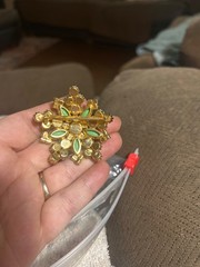 vintage lime green starburst snowflake brooch -milk glass