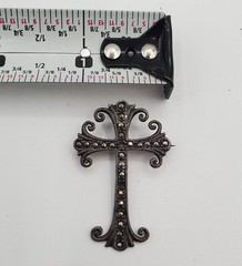 925 Marcasite Cross Brooch Pendant 1.75in Sterling Silver w Patina VTG FLAW