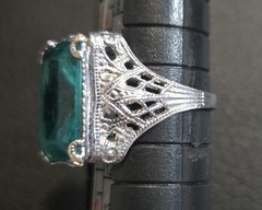 Antique NEMCO 1920s Art Deco Ring Filigree Silver Plate Glass-Topaz Emerald Cut
