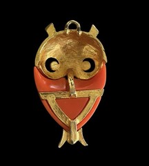 Vintage MCM Owl Pendant Gold Tone Orange Enamel 2.5 Inches Flaw READ