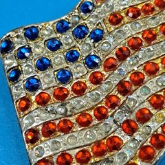 Rhinestone 1.5″ Brooch Pin Flag American USA Red White Blue Silver Tone Vintage