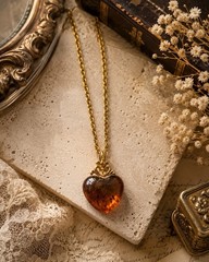 Vintage Amber Heart Pendant Necklace Gold Tone Fleur De Lis Vintage Romantic