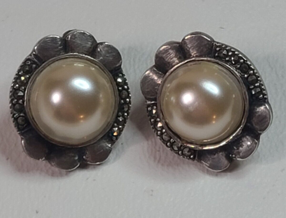 Sterling Silver Pearl Marcasite Post Pierced Earrings Vintage Estate .75in