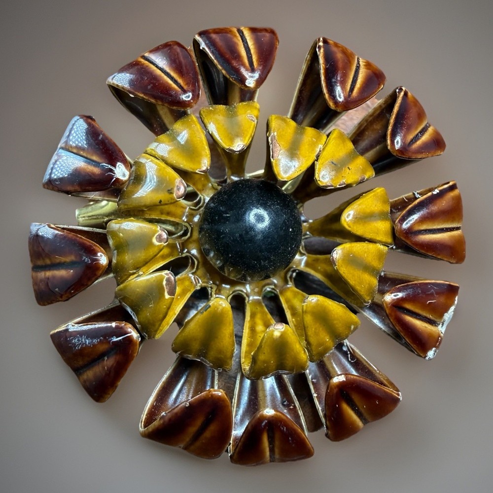 Vintage 1960s Enamel Flower Brooch Pin Brown Mustard Yellow Black 1.5”