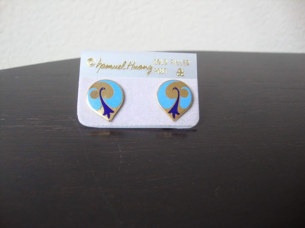 VINTAGE SAMUEL HUANG DESIGNER CLOISONNE PHOENIX COBALT & BLUE ENAMEL EARRINGS