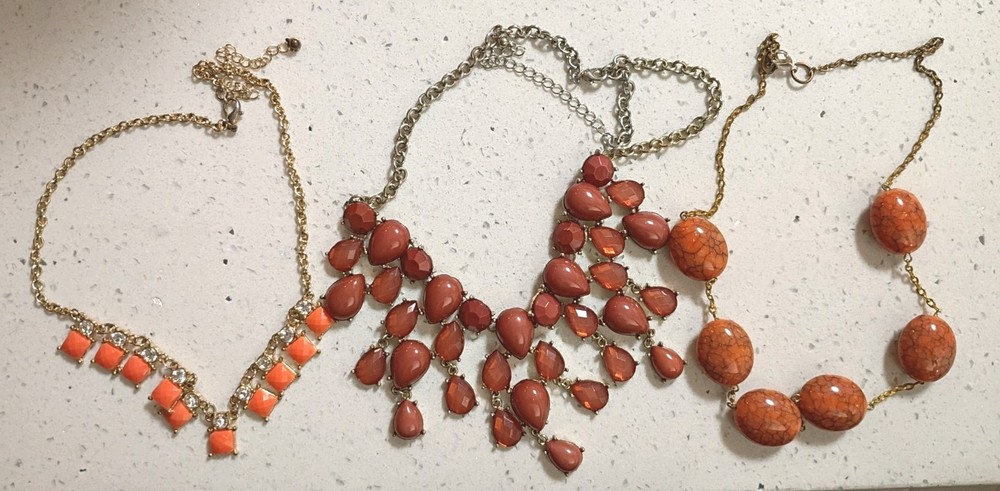 3 Orange/ Coral Gold And Silver Tone Necklace Lot