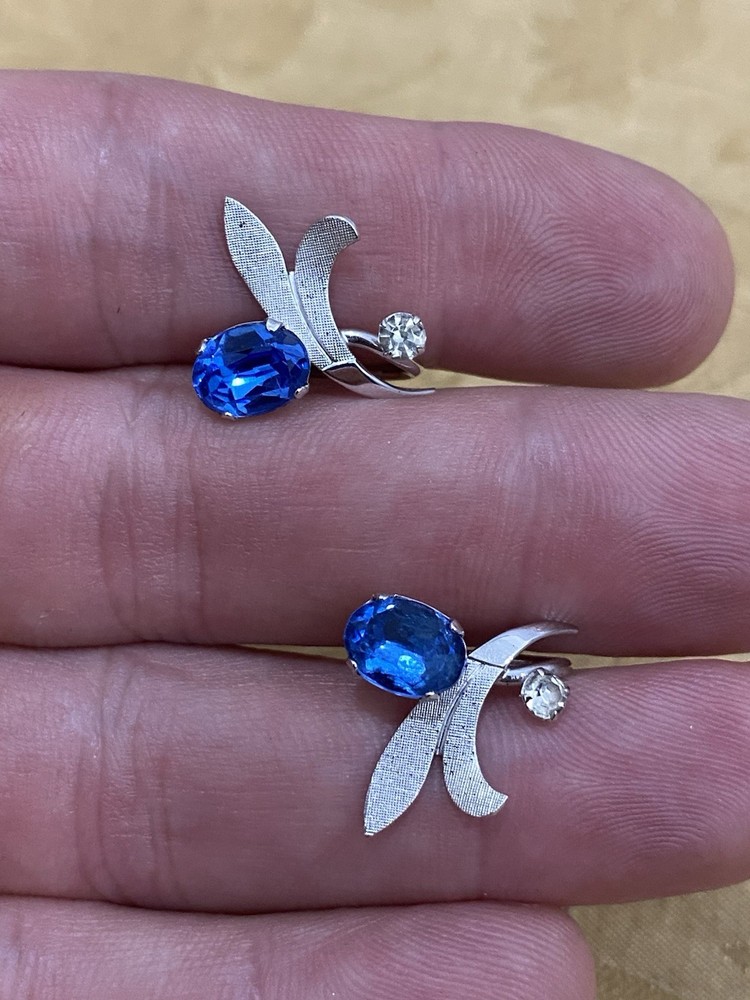 Van Dell Sterling Silver 925 Designer Signed Blue Crystal Screwback Earrings