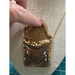 Vintage Gold Mesh Pouch Pendant Necklace Miniature Bag Statement Jewelry 32 In