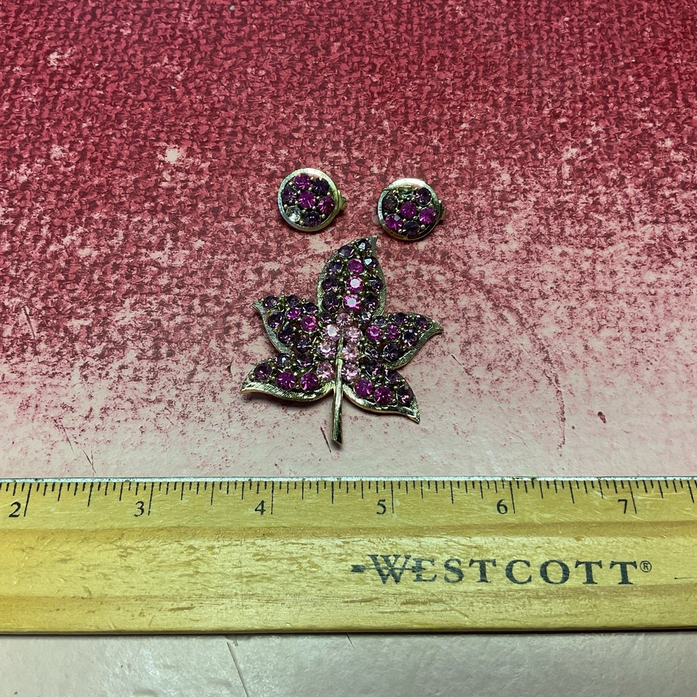 Vintage Purple Rhinestone Maple Leaf Brooch Pin & Matching Clip Earrings Set