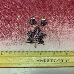 Vintage Purple Rhinestone Maple Leaf Brooch Pin & Matching Clip Earrings Set