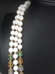 VINTAGE White Glass & Multicolor Crystals Hand Knotted 60 in beaded Necklace