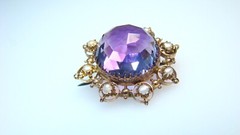 🌟Large Antique 8K Gold Amethyst w Pearls Pin & Faceted Dome-Shaped Stone
