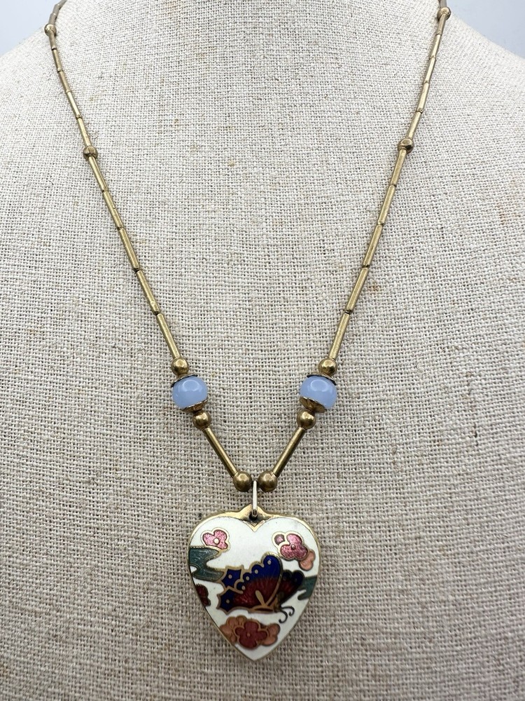 Vintage Double Sided Cloisonne Butterfly & Flowers Heart Pendant 18”
