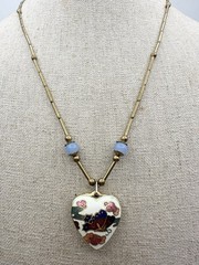 Vintage Double Sided Cloisonne Butterfly & Flowers Heart Pendant 18”