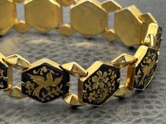 Vintage Damascene Gold Plated Hexagon Black Enamel Phoenix Bird Bracelet 7.25”