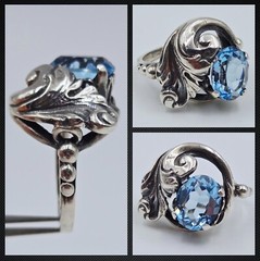 Cini Sterling Ring Acanthus Leaf Silver Vintage Blue Color