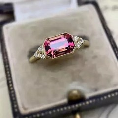 Art Deco Style Pink Tourmaline Lab-Created Diamond Ring 14K Yellow Gold FN