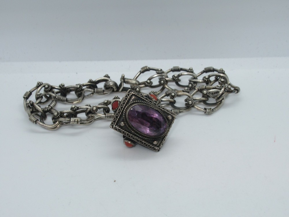 Vintage 800 Silver Etruscan Revival Coral Charm Bracelet Jewelry w/ Amethyst