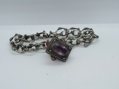 Vintage 800 Silver Etruscan Revival Coral Charm Bracelet Jewelry w/ Amethyst