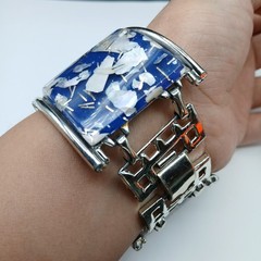 Vintage Lucite Blue White Glitter Confetti Chunky Silver Tone Square Bracelet