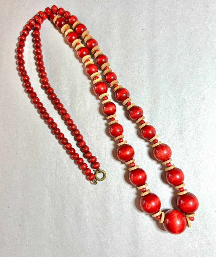 Vintage Wooden Bead Long Necklace Made in West Germany Red & beige 29 in