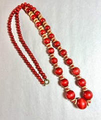Vintage Wooden Bead Long Necklace Made in West Germany Red & beige 29 in