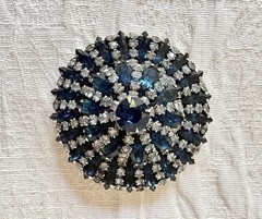 Weiss Large Round Domed Blue & Clear Rhinestones Statement Brooch Gorgeous