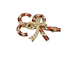 Monet Red Enamel Clear Rhinestone Candy Canes Bow Brooch Pin Signed, L836