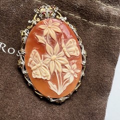 Vintage Cameo Brooch Pin Pendant Butterfly Floral 18K Gold Over Sterling Silver