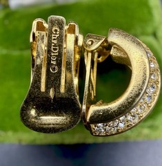 Vintage Christian Dior Pavé Rhinestone Gold Plated Half Hoop Clip Earrings