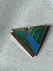 Vintage Lamond Montreal Signed Shades of Green & Blue Enamel & Goldtone Geometri