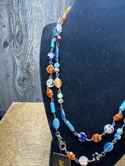 Cookie Lee Millefiori Long Glass Bead Necklace Turquoise Orange