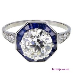 3Ct Lab Created Diamond Vintage Ring Blue Sapphire Halo Art Deco 14K Gold Finish