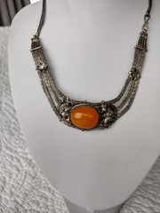 Vintage Antique Tibetan Silver Mesh Orange Beeswax Amber Necklace Jewlery