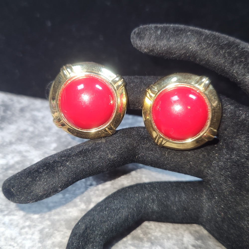 Vintage Gold Tone Red Cabochon Clip On Statement Earrings Round 1 Inch