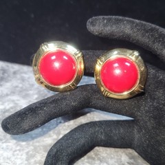 Vintage Gold Tone Red Cabochon Clip On Statement Earrings Round 1 Inch