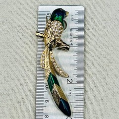 Vintage Blue Green Enamel Bird Brooch Gold Tone Perched Figural Pin Rhinestone