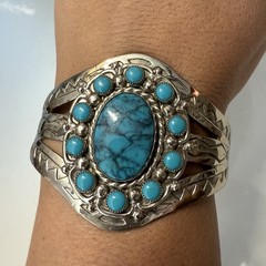Vintage Bell Trading Post Nickel Silver Cuff & Pendant Set Faux Turquoise