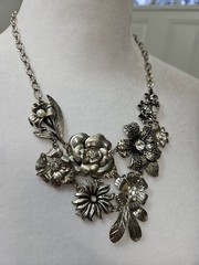 Retro Floral Bib Necklace Signed VCLM Rhinestones Faux Pearls Silver Tone