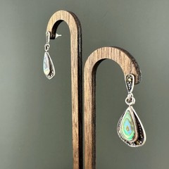 Vintage Earrings Sterling 925 Abalone Teardrop Dangle Pierced Marcasite READ