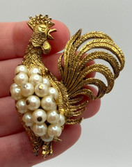 Vintage Hobe Signed Gold Tone Rooster Faux Pearl Brooch As Is