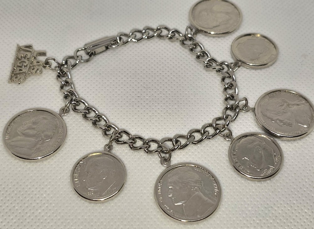 Vintage Las Vegas Charm U.S. Coins 7.25″ Bracelet Silver Tone Nickels Dimes