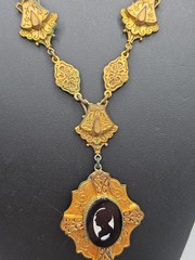 Antique Victorian Era Vermeil Medallion Chain Glass Cameo Pendant Choker 12″ SEE